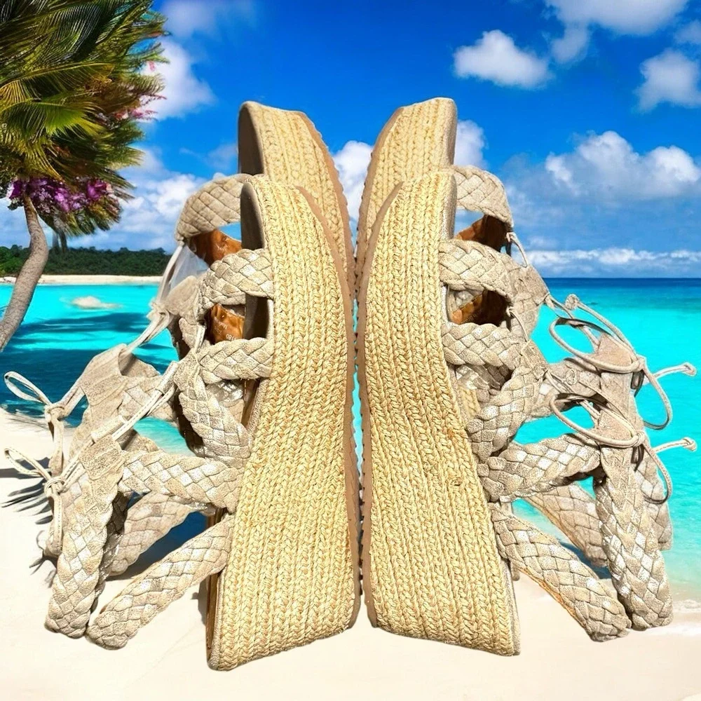 Trask Patrice Braided Wedge Platform Sandals Gold Shimmer‎ Size 9 Coastal Boho